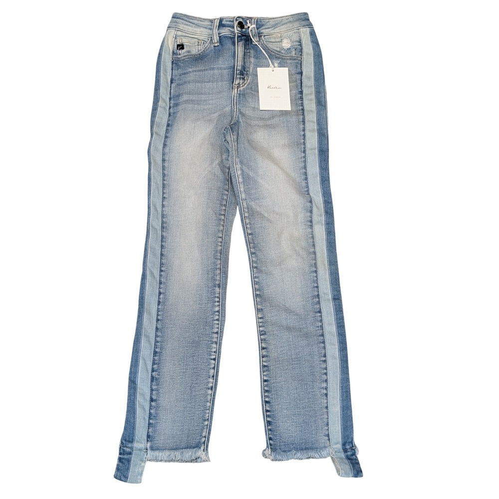Kan Can Selena Skinny Jeans Womens 0/25 Blue Side Stripe Frayed Hem High Rise